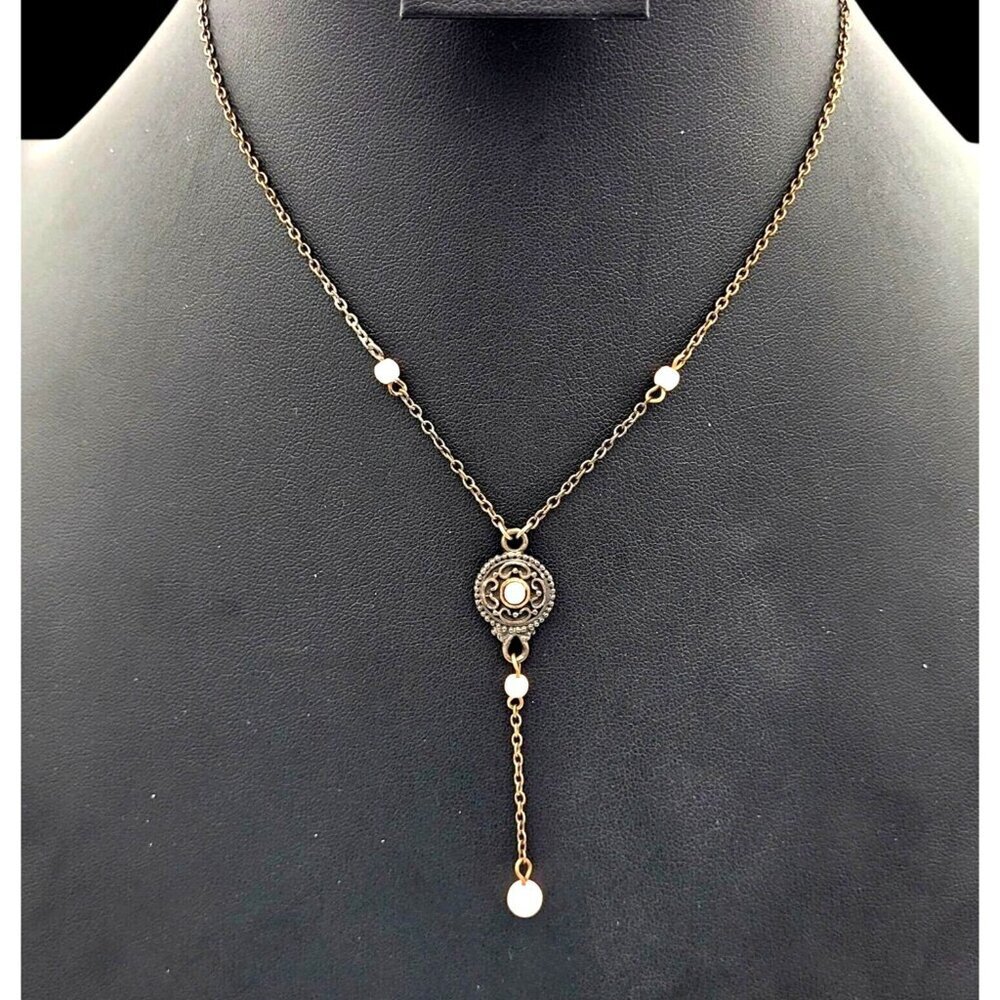 Vintage-Style Bronze Necklace Pink Pearl Accents & Ornate Central Pendant 16" - Picture 2 of 4